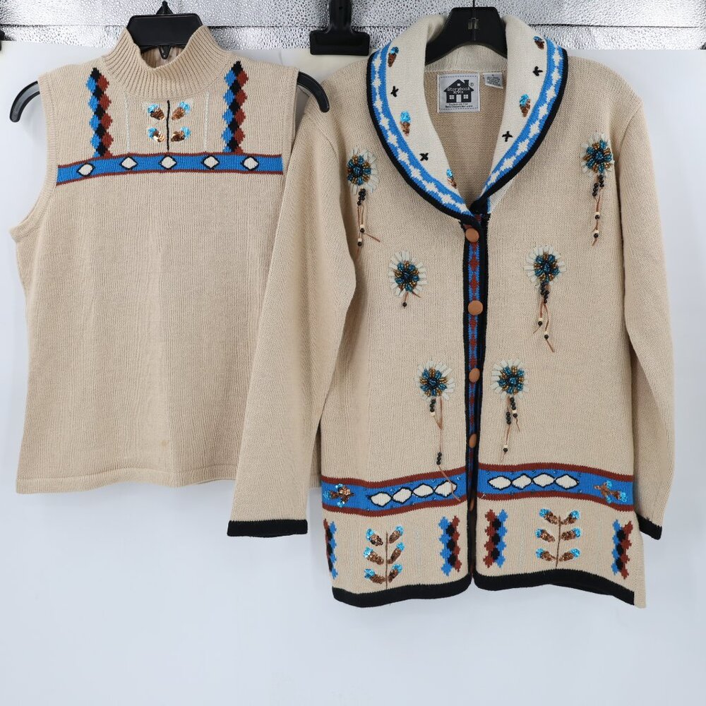 Vintage Storybook Knits Cardigan Sweater womens small Indian children 2 piece - Picture 1 of 11